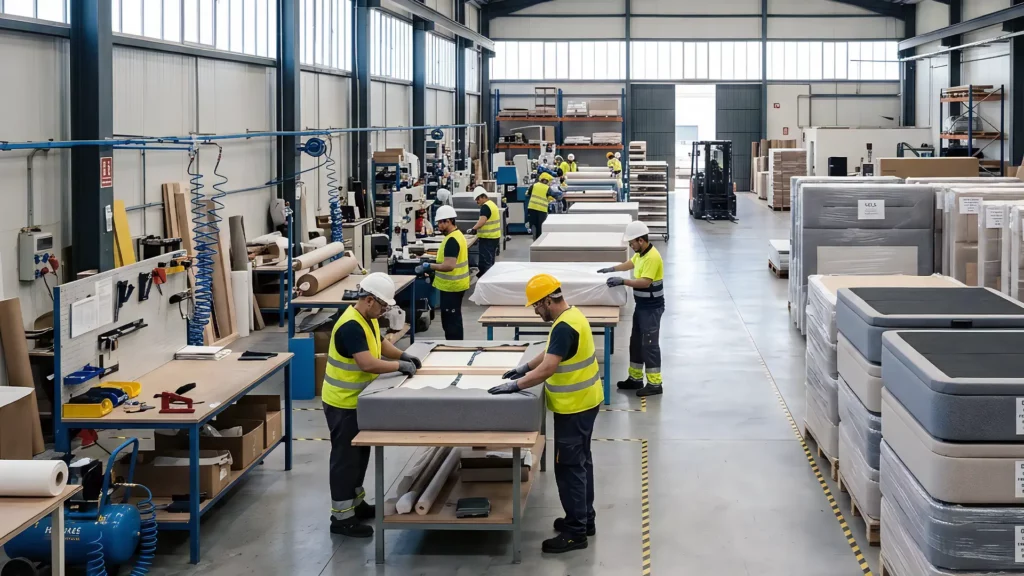 Proceso de fabricación de canapés abatibles y bases tapizadas en la fábrica de YoniCam en Yecla, Murcia